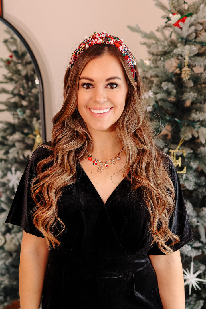 Plaid Rhinestone Wide Knotted Headband - Pearls