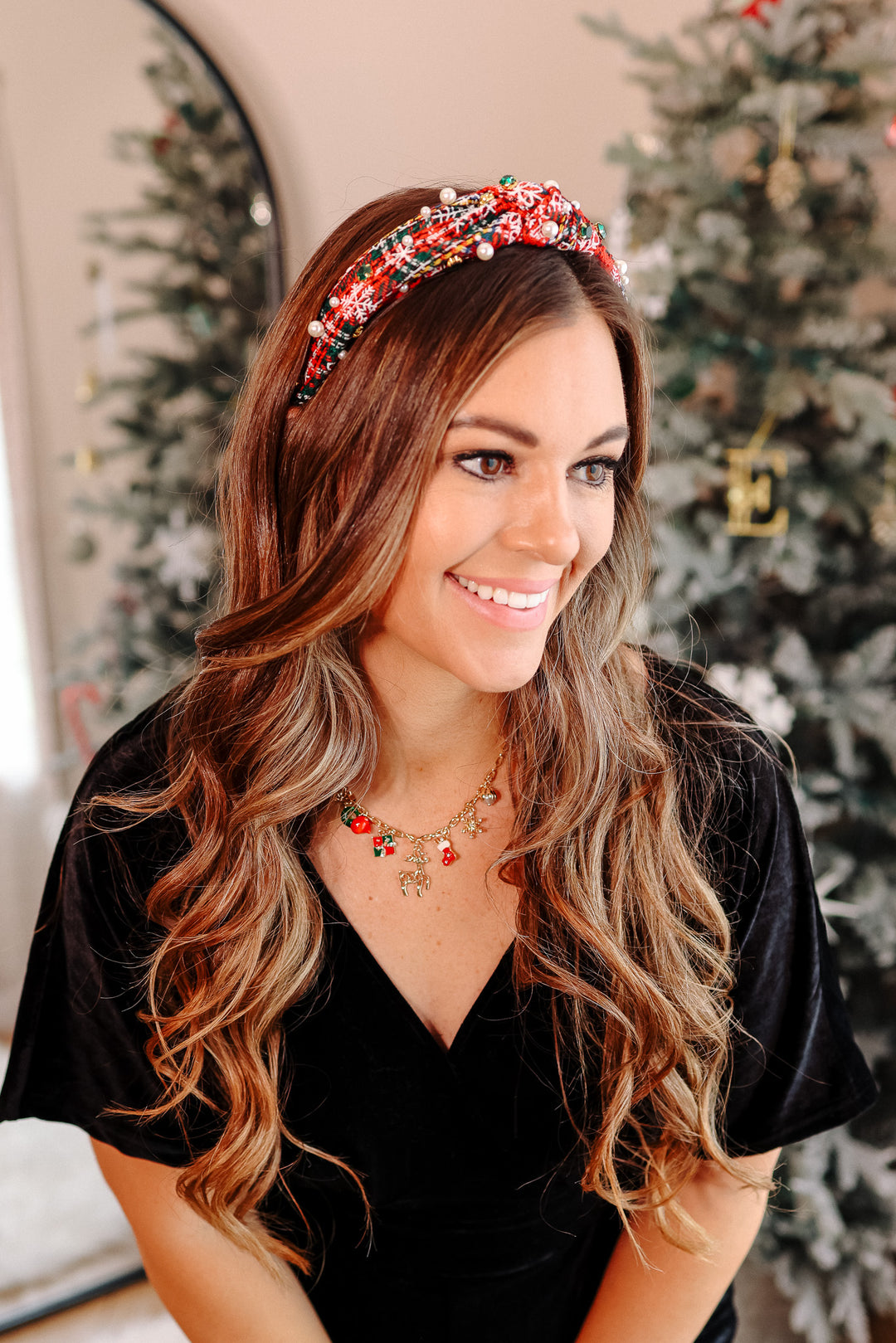Plaid Rhinestone Wide Knotted Headband - Pearls