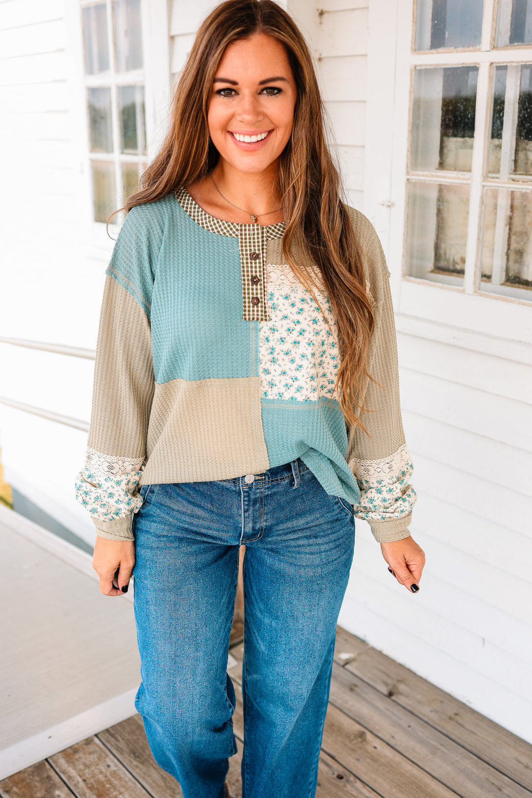 Aven Mixed Fabric Henley Top