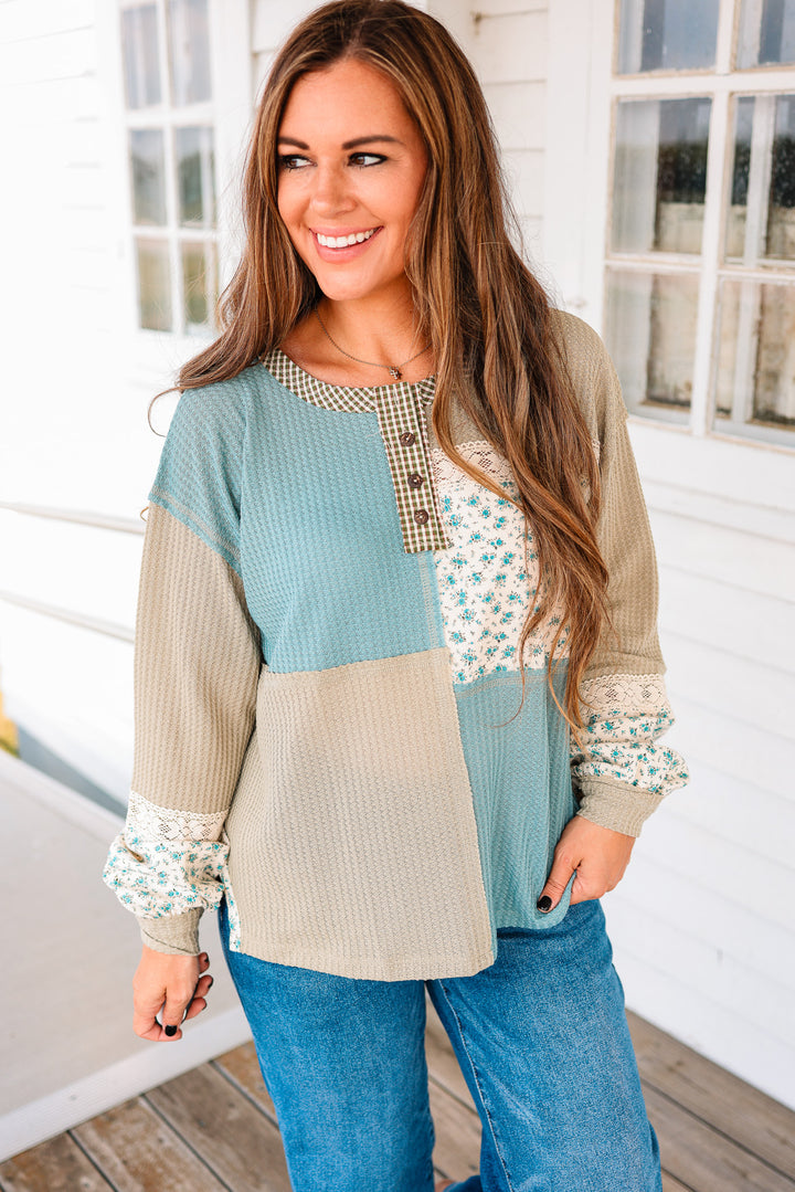 Aven Mixed Fabric Henley Top