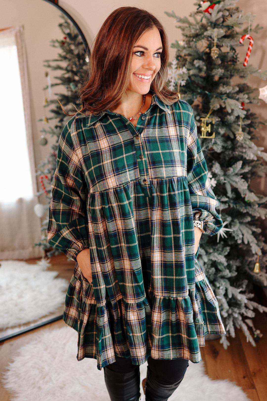 Palmer Plaid Shirt Dress - Hunter Green