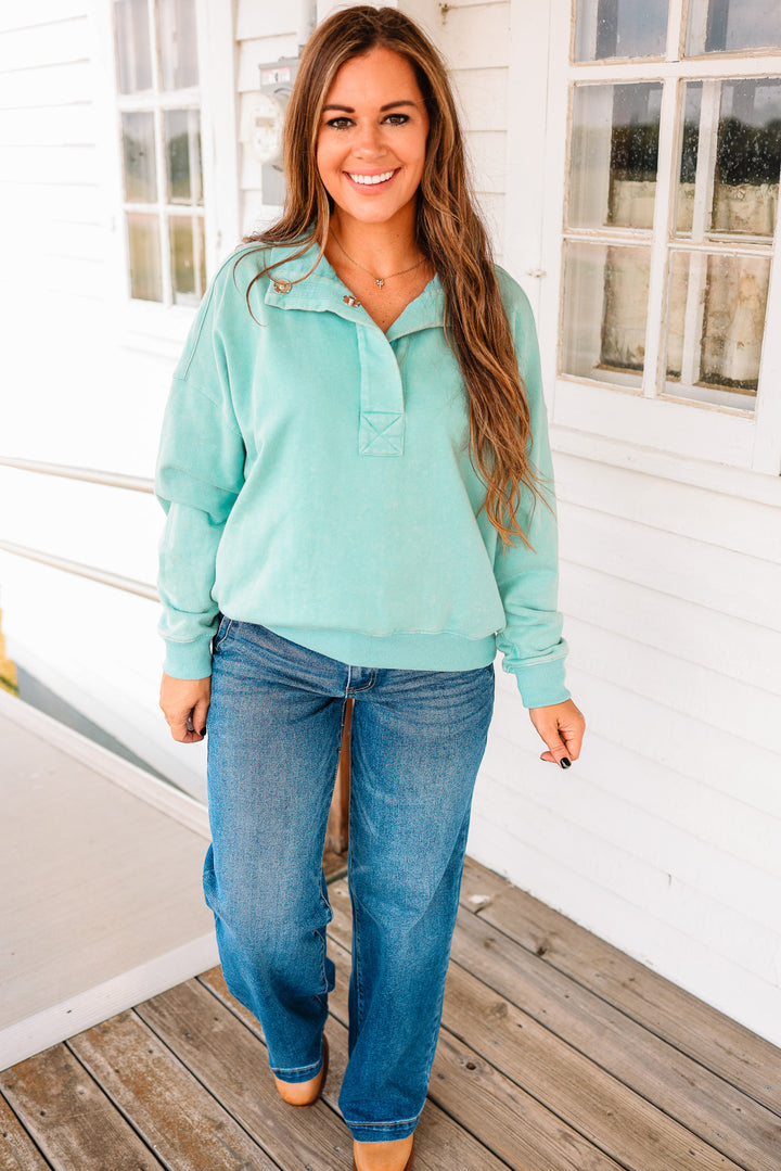 Jolie Half Placket Washed Terry Top - Seafoam