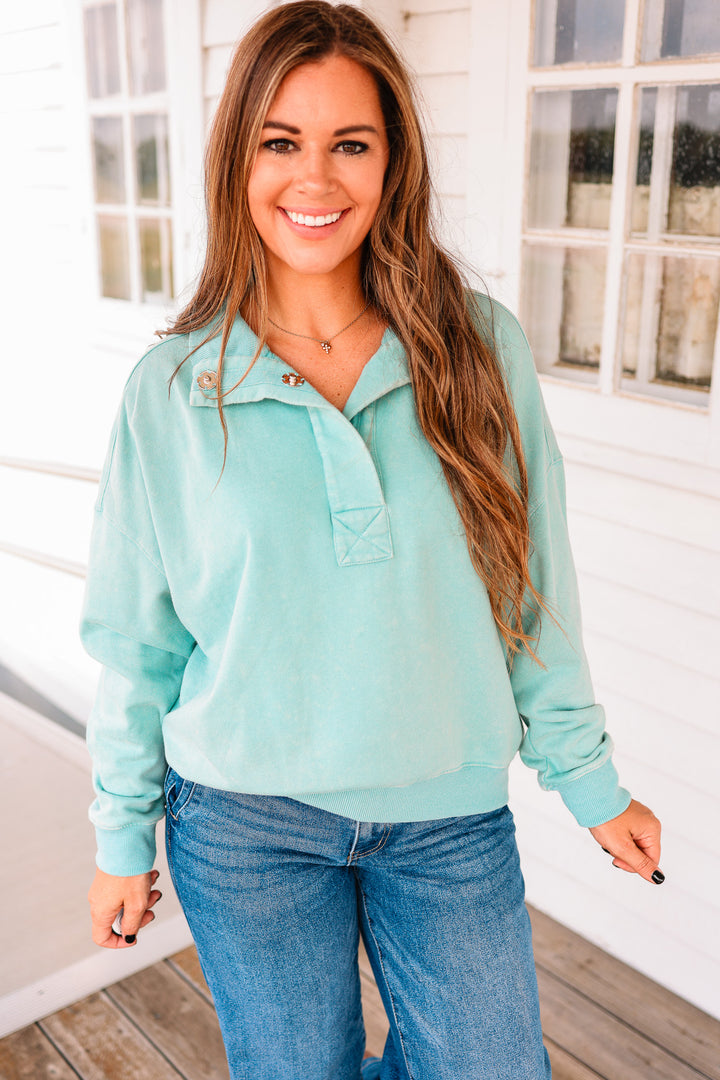 Jolie Half Placket Washed Terry Top - Seafoam
