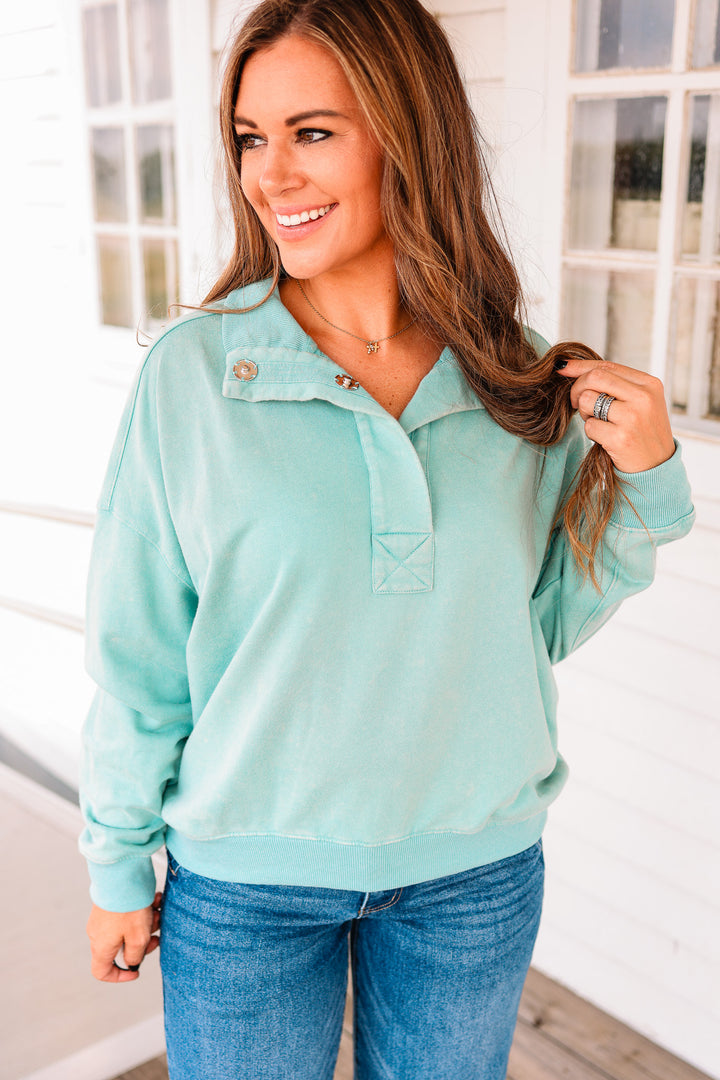 Jolie Half Placket Washed Terry Top - Seafoam