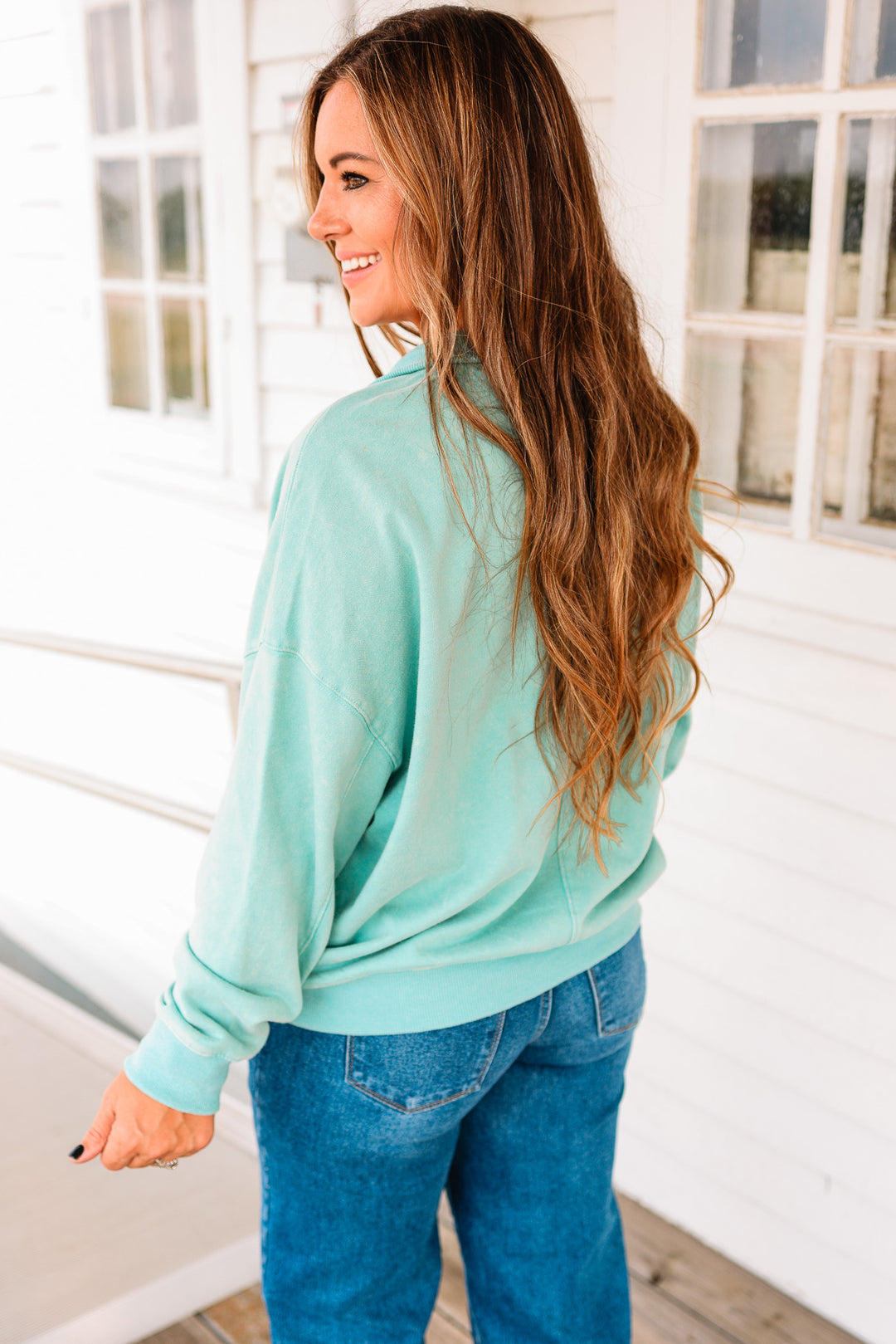 Jolie Half Placket Washed Terry Top - Seafoam