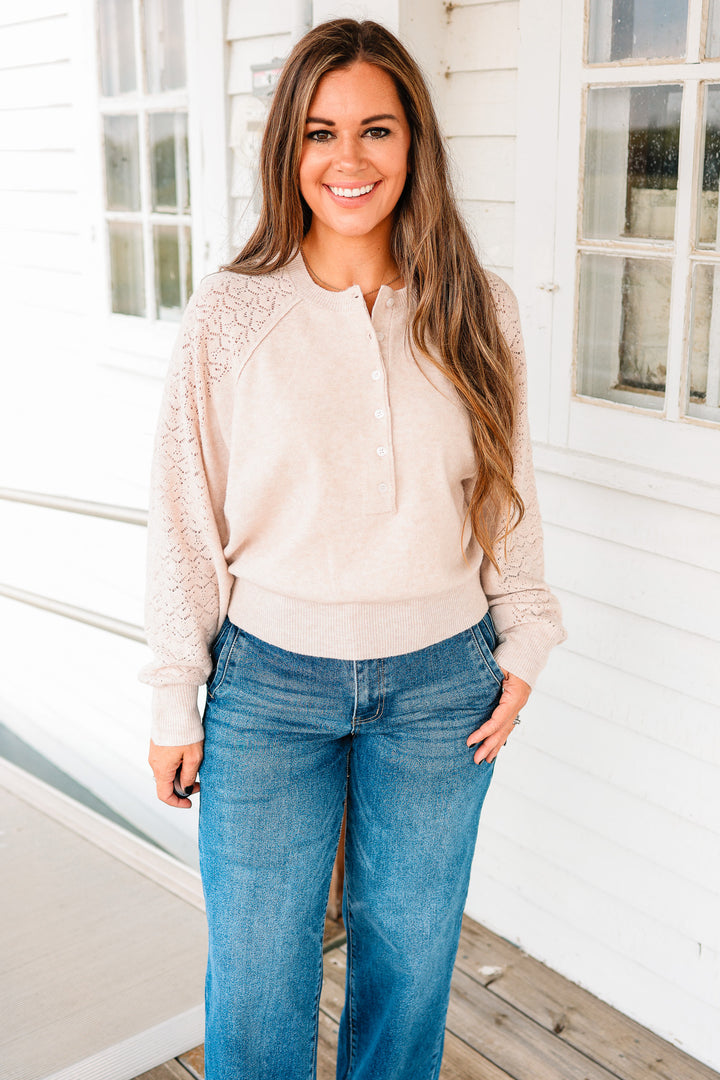 Ada Lace Textured Sleeve Henley Sweater - Blush