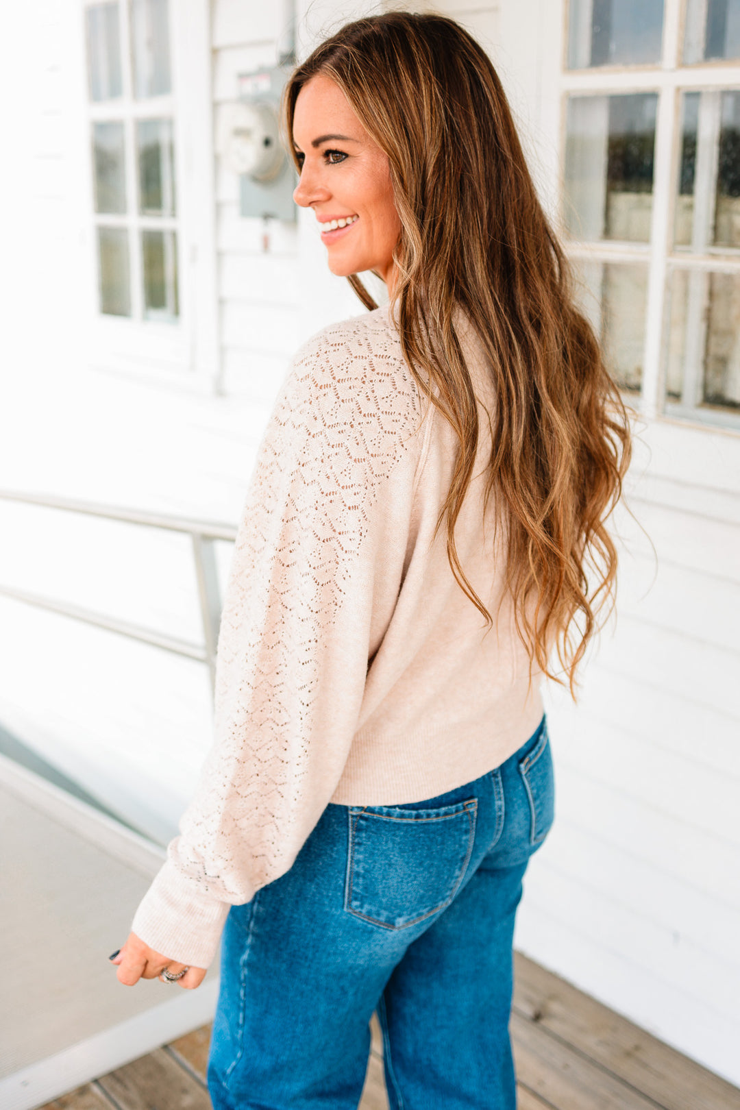 Ada Lace Textured Sleeve Henley Sweater - Blush