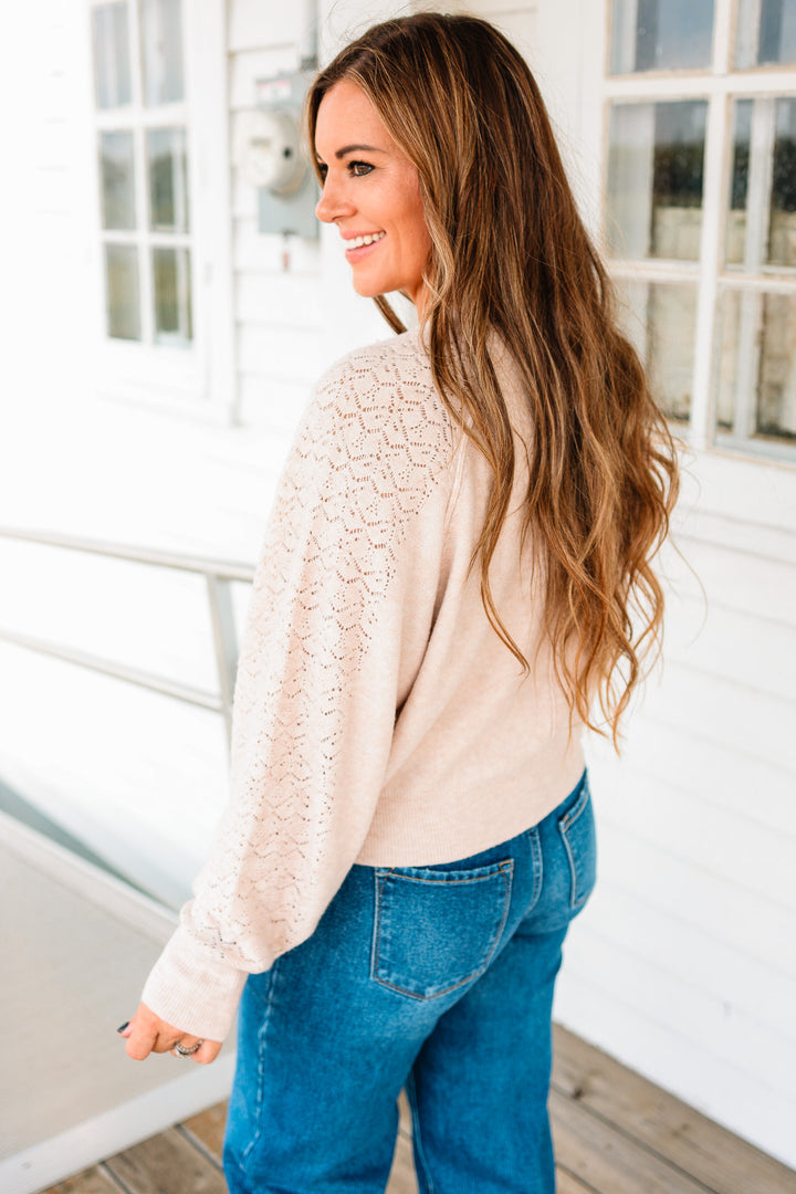 Ada Lace Textured Sleeve Henley Sweater - Blush