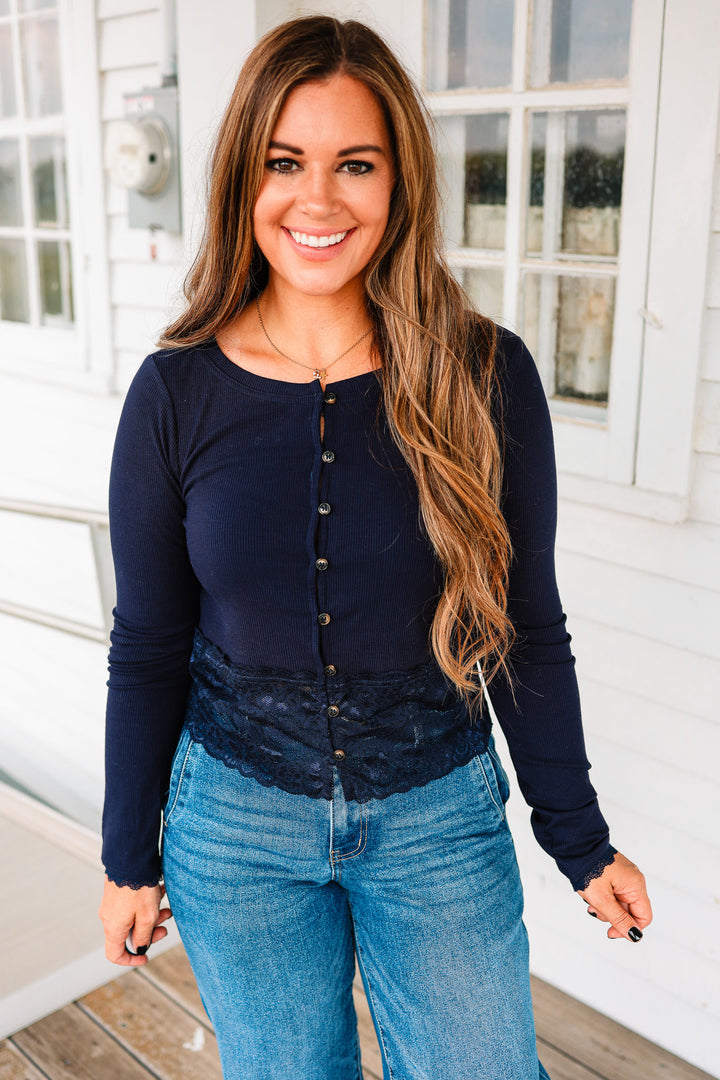 Hollis Lace Trim Ribbed Cardigan