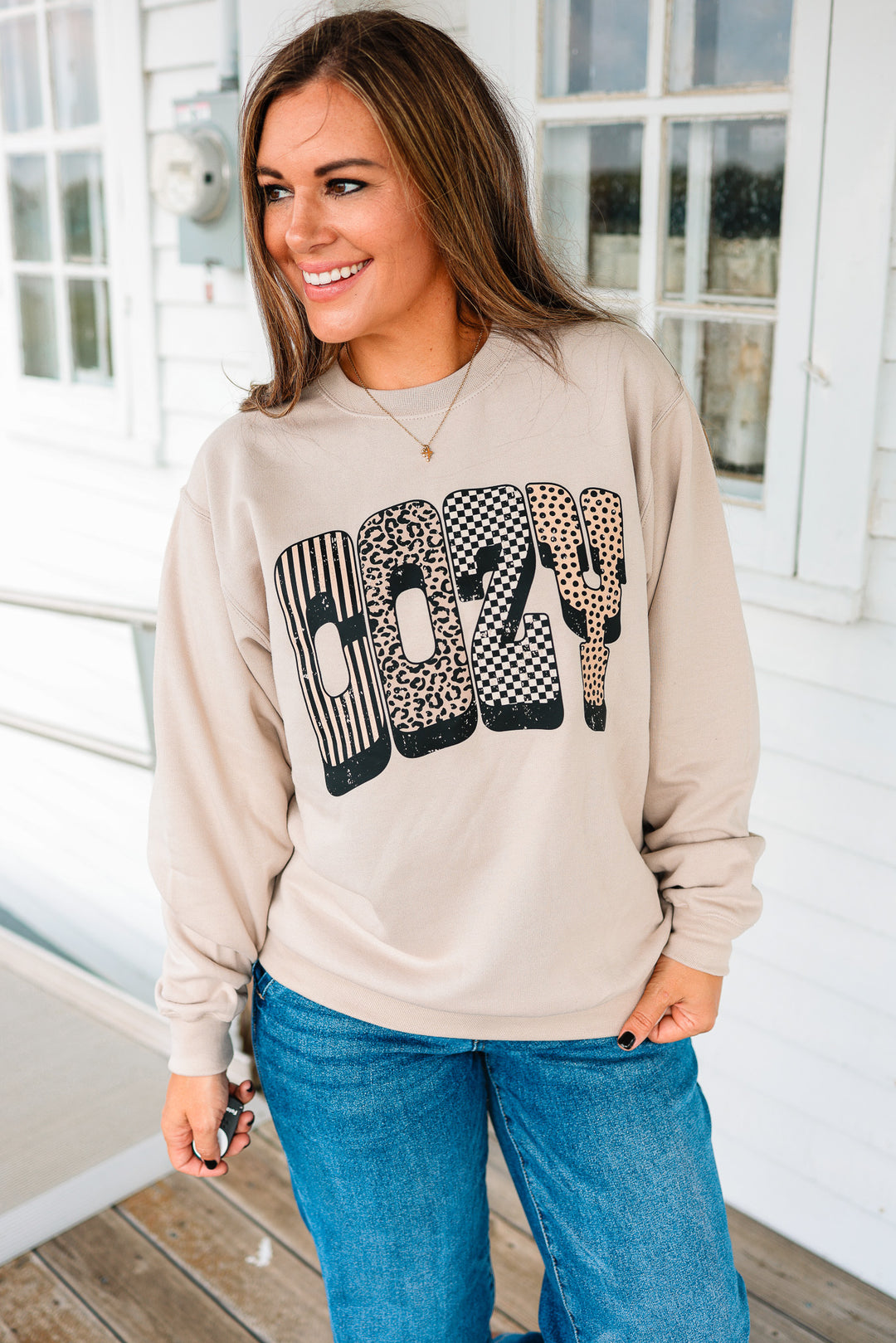 Bold Patterns COZY Crewneck Graphic Sweatshirt - Light Sand