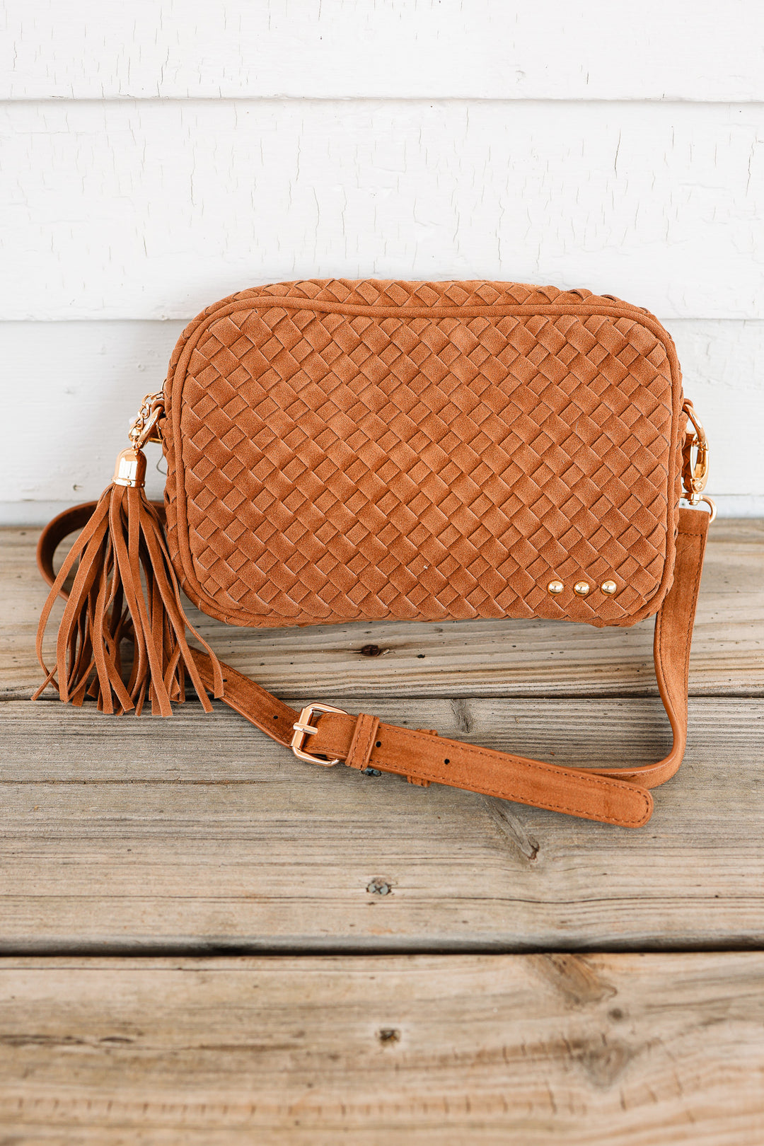 Suede Woven Willow Camera Crossbody Bag - Camel