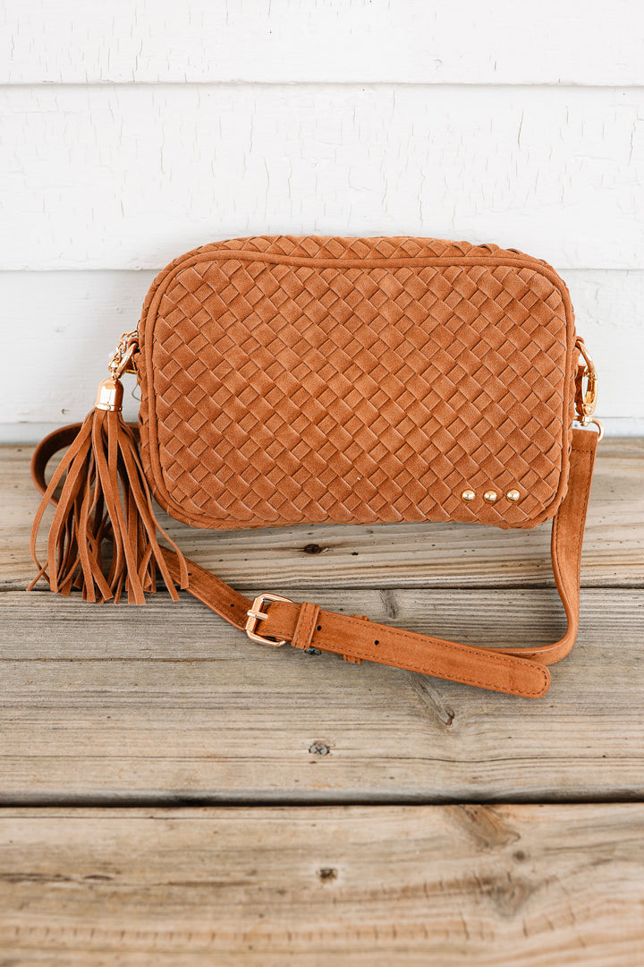 Suede Woven Willow Camera Crossbody Bag - Camel