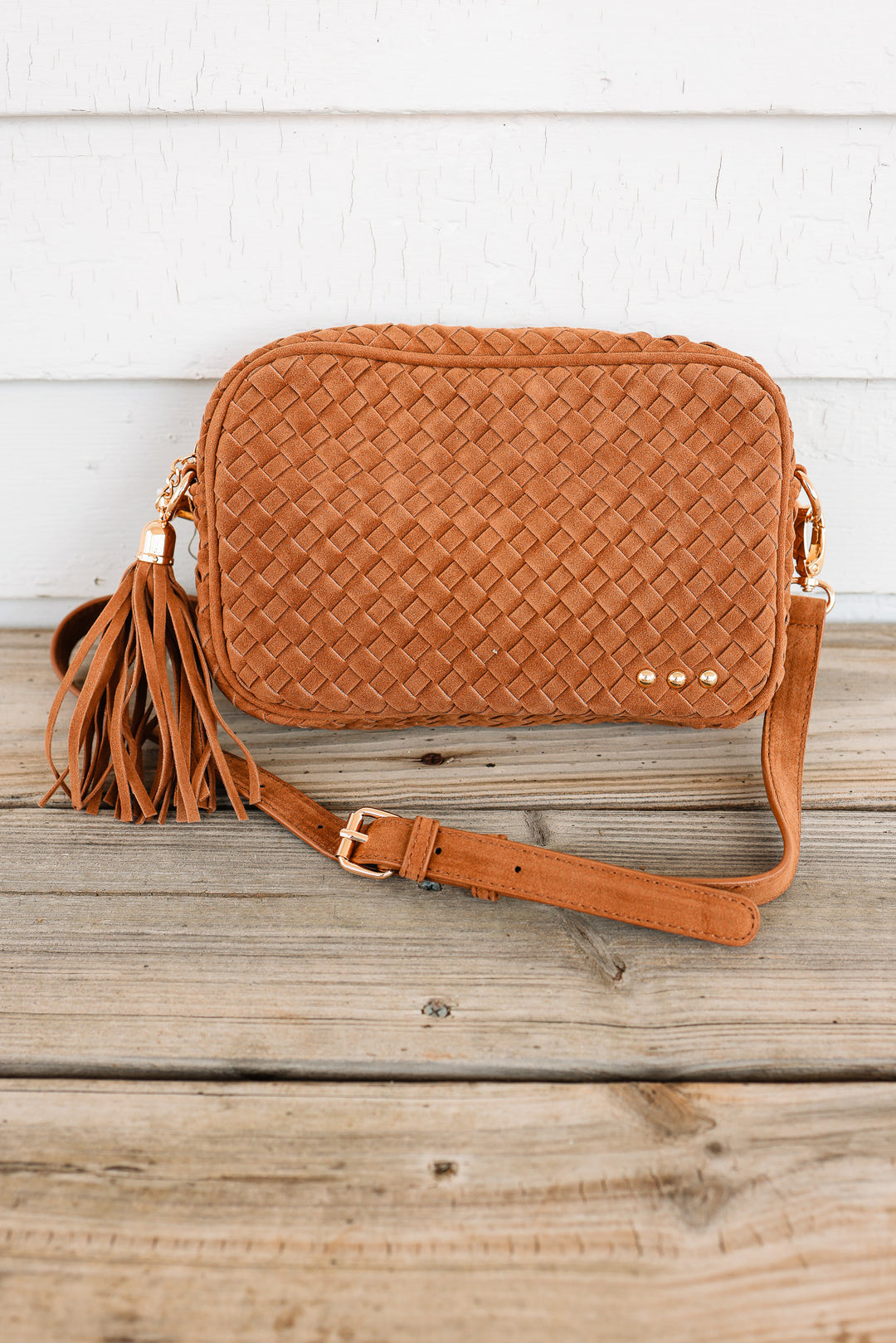 Suede Woven Willow Camera Crossbody Bag - Camel