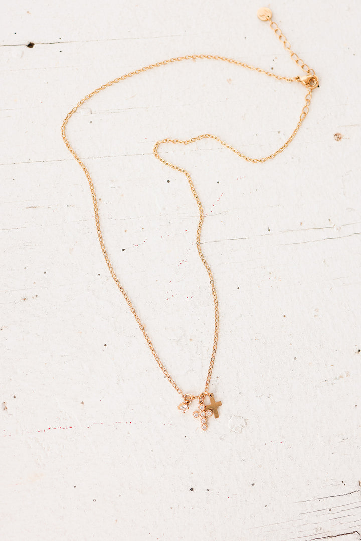 Petite Double Cross Necklace - Gold