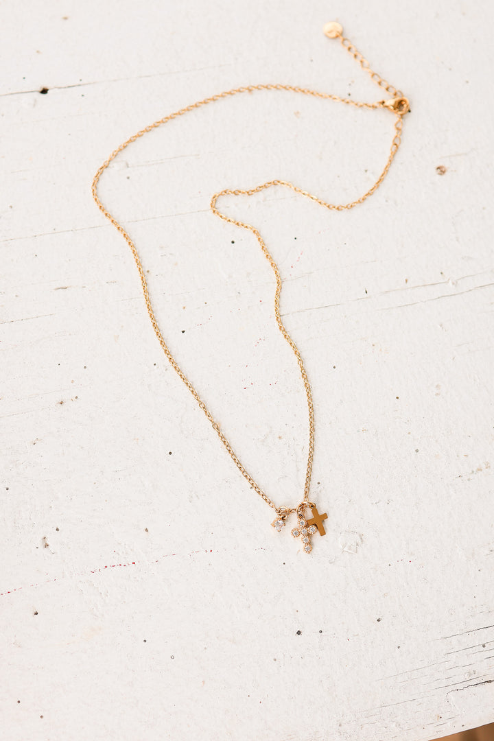 Petite Double Cross Necklace - Gold