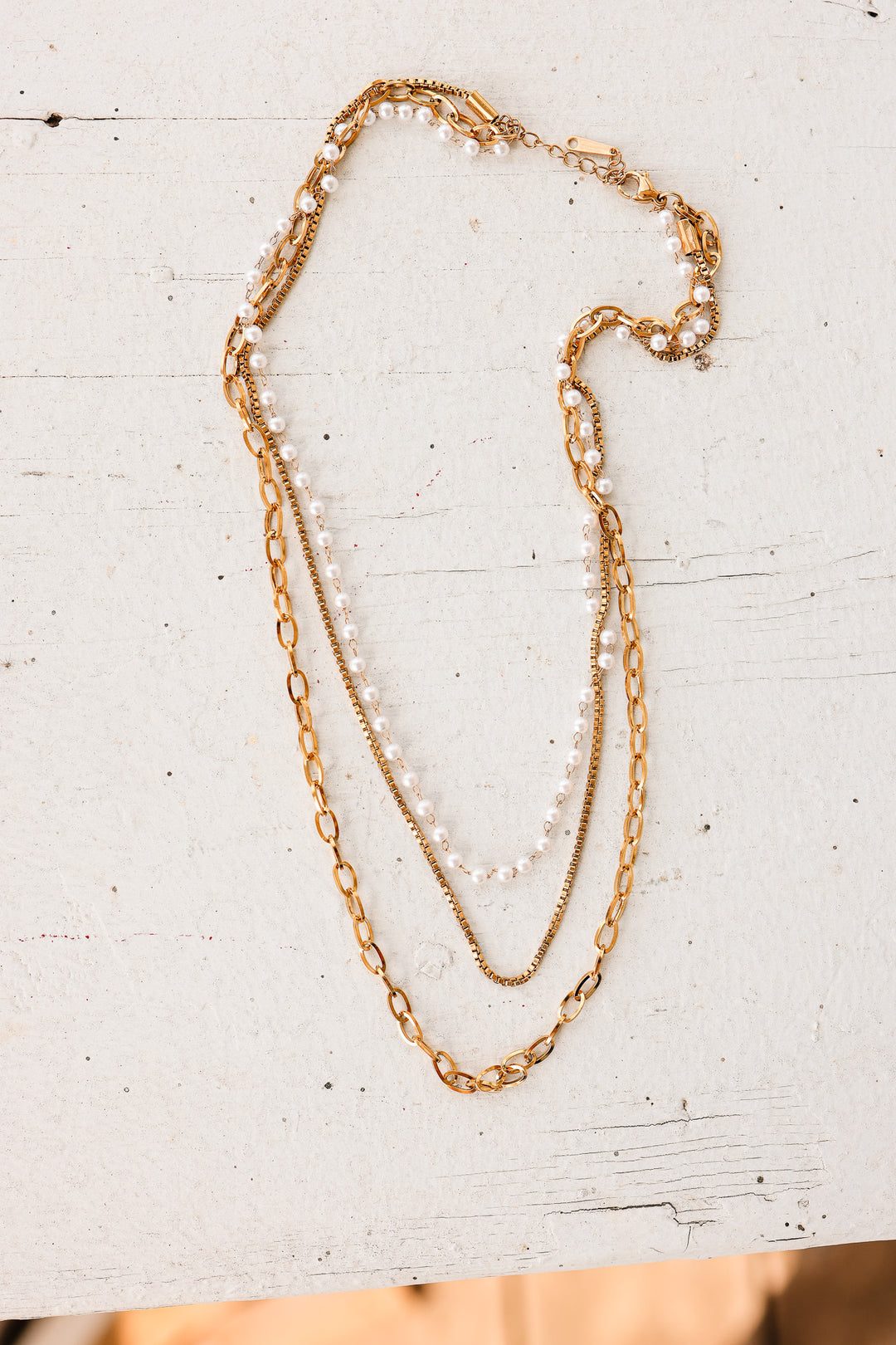 Pearl, Box, Link Chain Layered Necklace