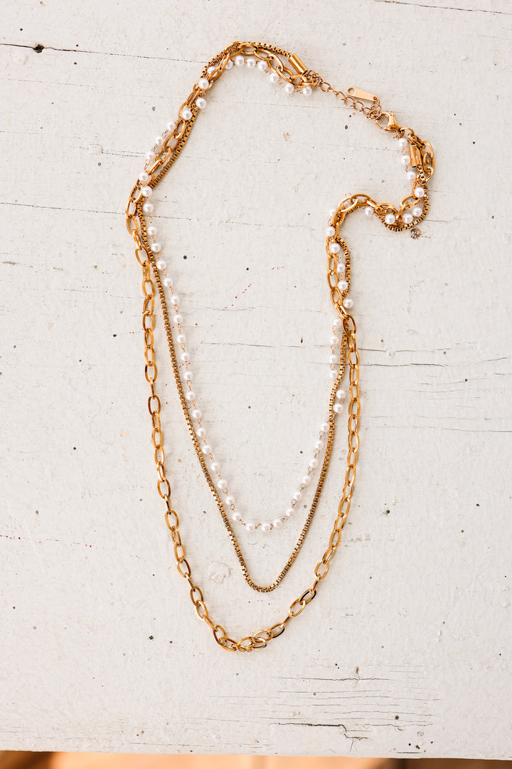 Pearl, Box, Link Chain Layered Necklace