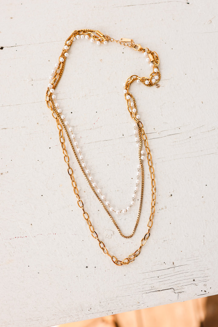 Pearl, Box, Link Chain Layered Necklace