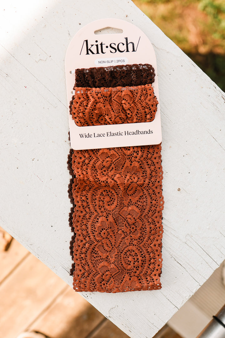 Wide Lace Elastic Headbands 2pc Set - Mocha & Chocolate