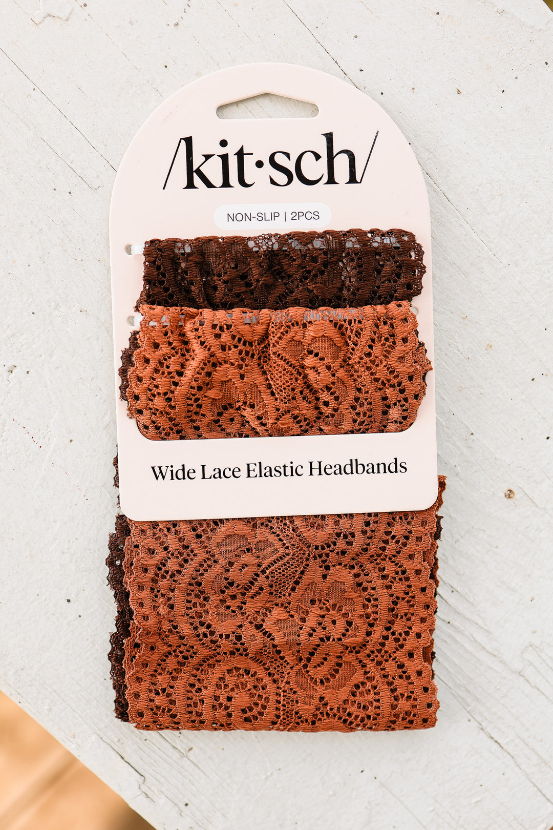 Wide Lace Elastic Headbands 2pc Set - Mocha & Chocolate