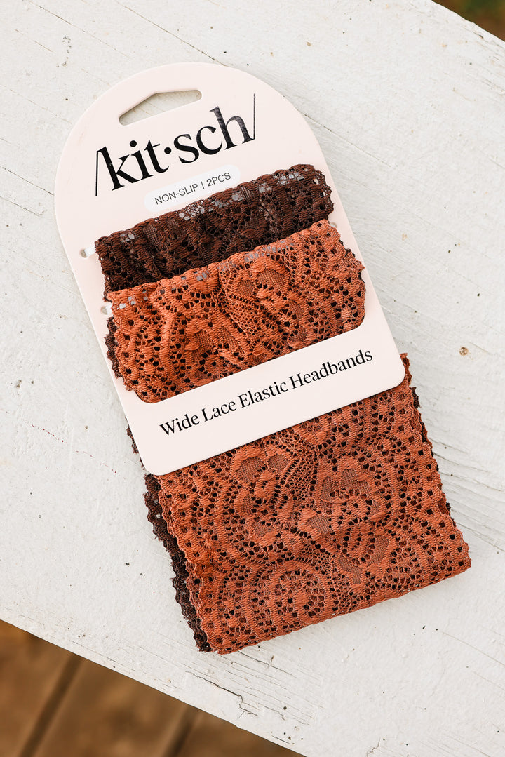 Wide Lace Elastic Headbands 2pc Set - Mocha & Chocolate