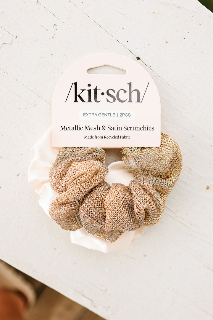 Metallic Mesh and Recycled Fabric Satin Scrunchies 2pc Set - Cream & Gold