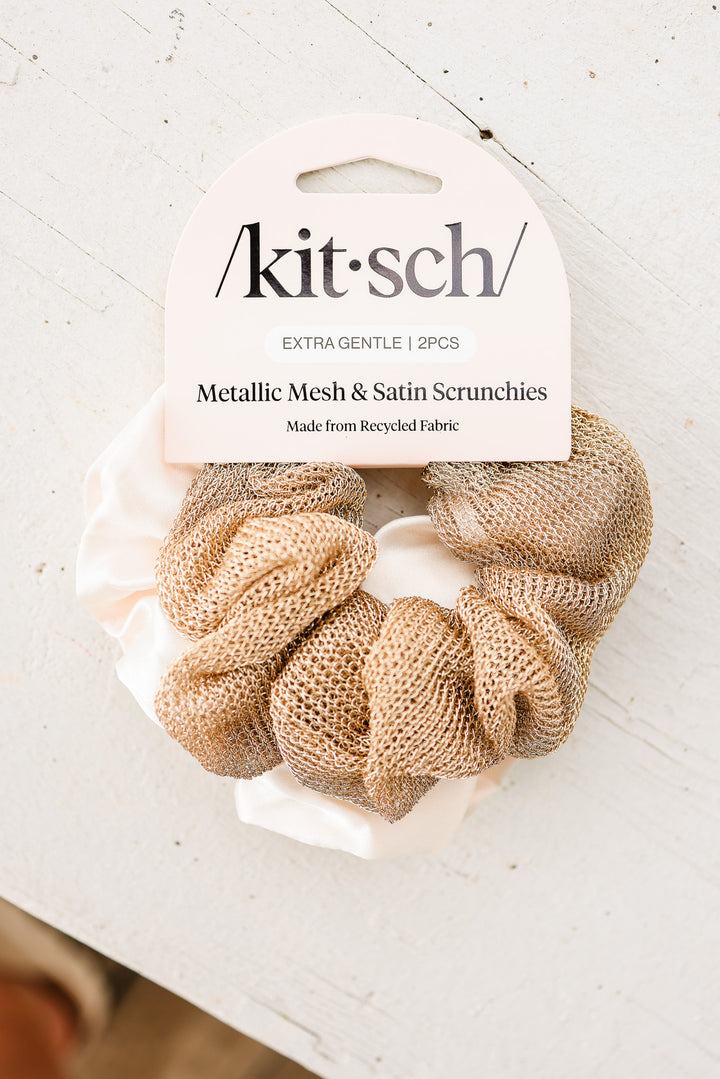 Metallic Mesh and Recycled Fabric Satin Scrunchies 2pc Set - Cream & Gold