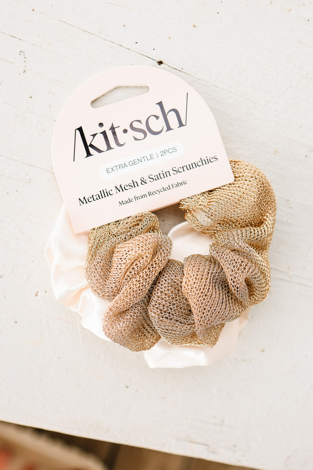 Metallic Mesh and Recycled Fabric Satin Scrunchies 2pc Set - Cream & Gold