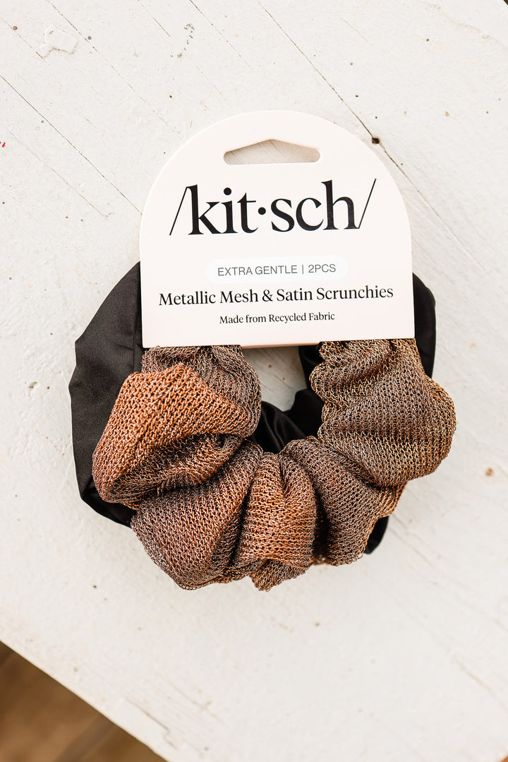 Metallic Mesh and Recycled Fabric Satin Scrunchies 2pc Set - Black & Chocolate