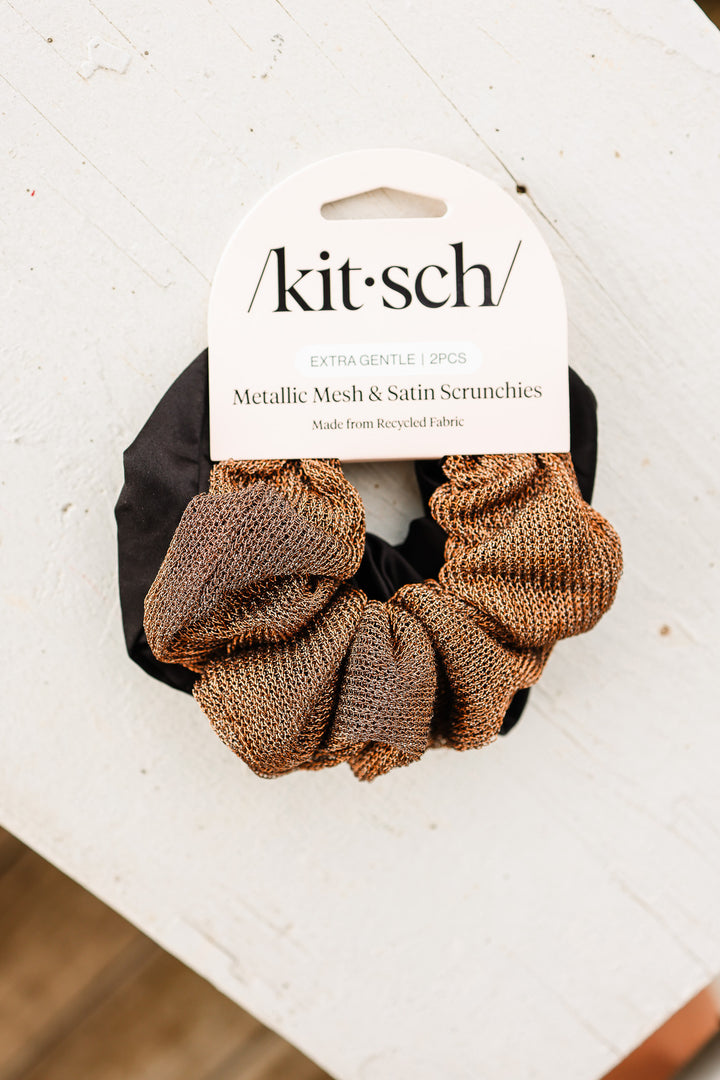 Metallic Mesh and Recycled Fabric Satin Scrunchies 2pc Set - Black & Chocolate