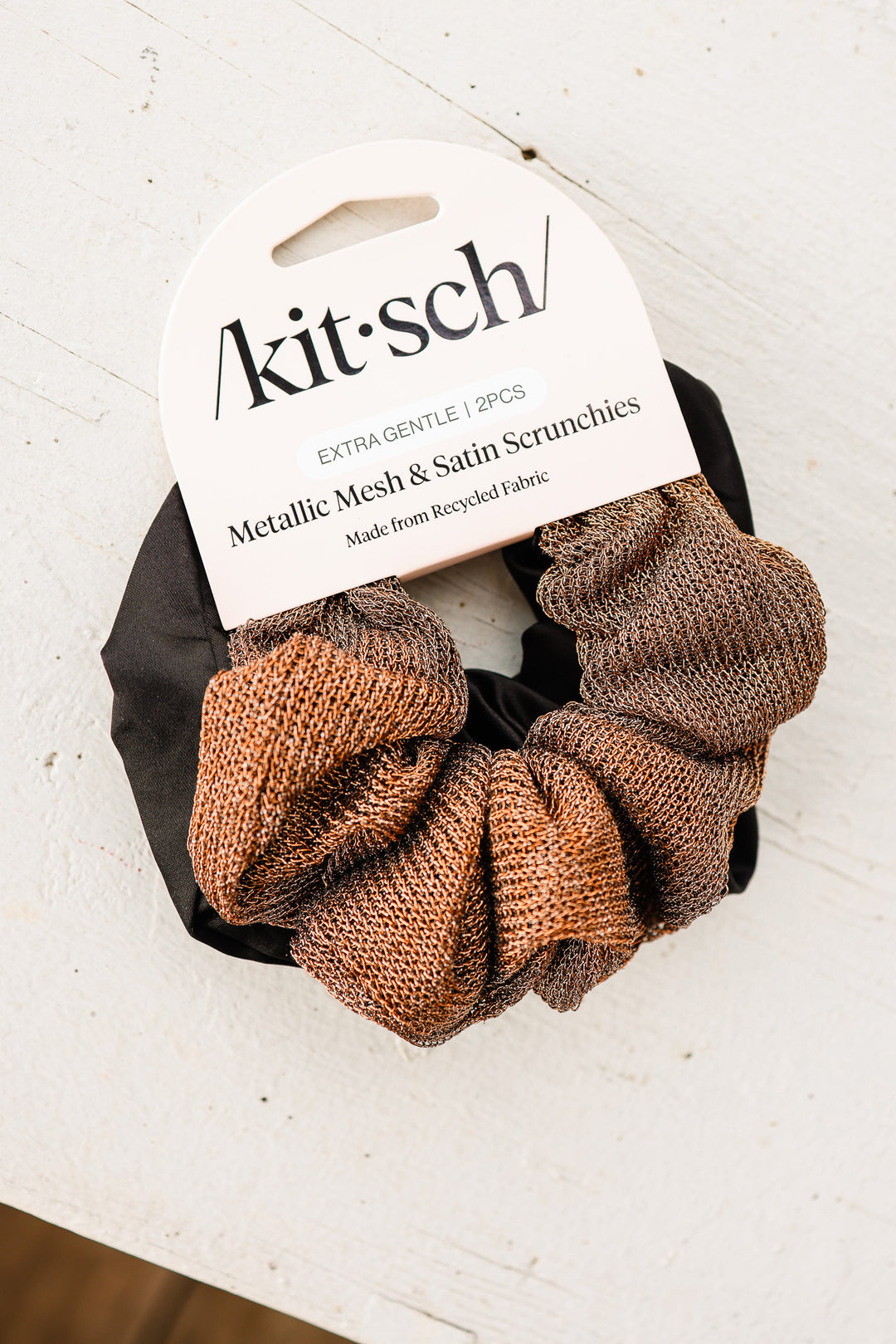 Metallic Mesh and Recycled Fabric Satin Scrunchies 2pc Set - Black & Chocolate