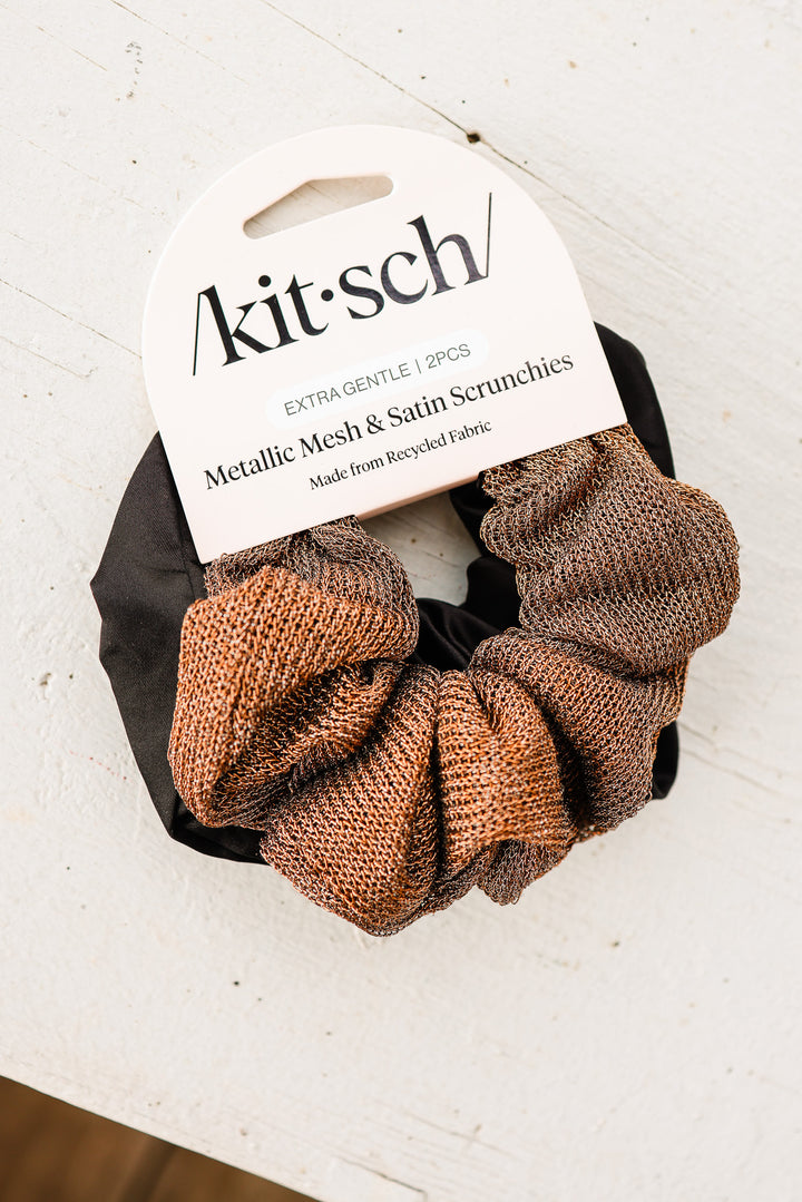 Metallic Mesh and Recycled Fabric Satin Scrunchies 2pc Set - Black & Chocolate
