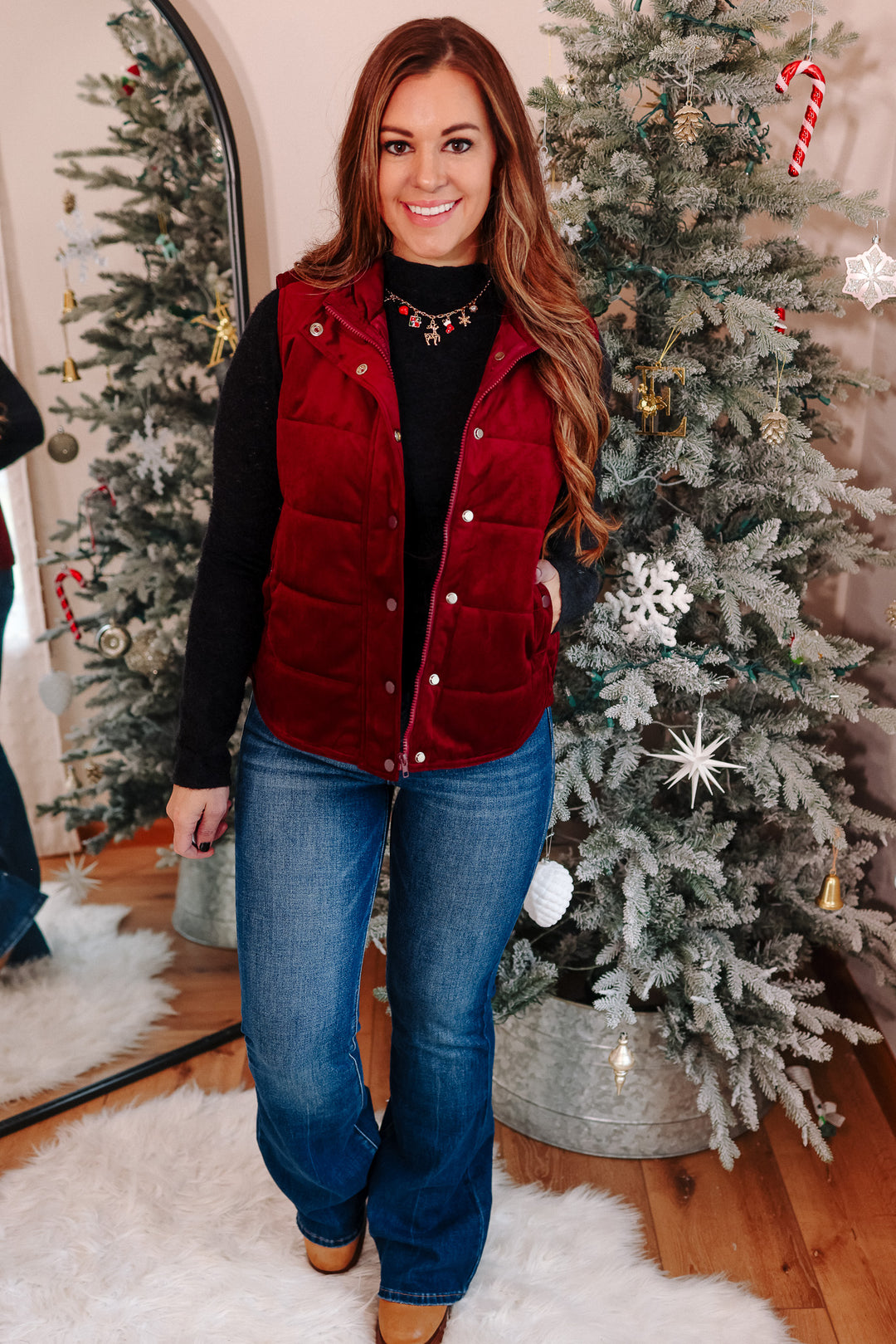 Lenora Velvet Puffer Vest - Wine