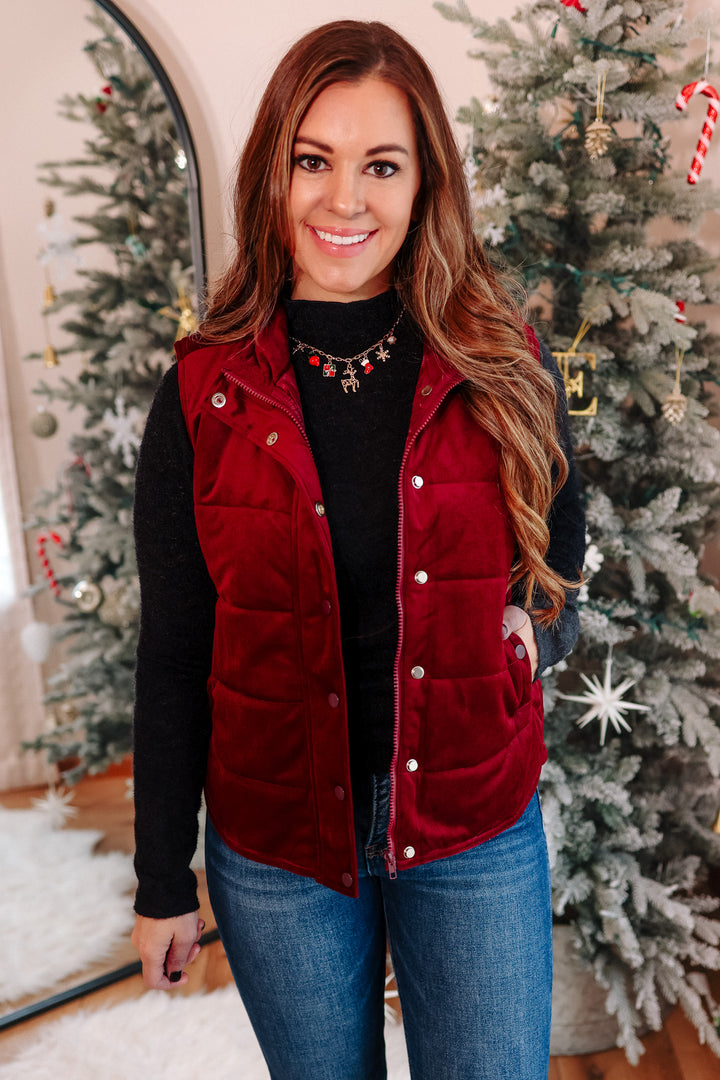 Lenora Velvet Puffer Vest - Wine