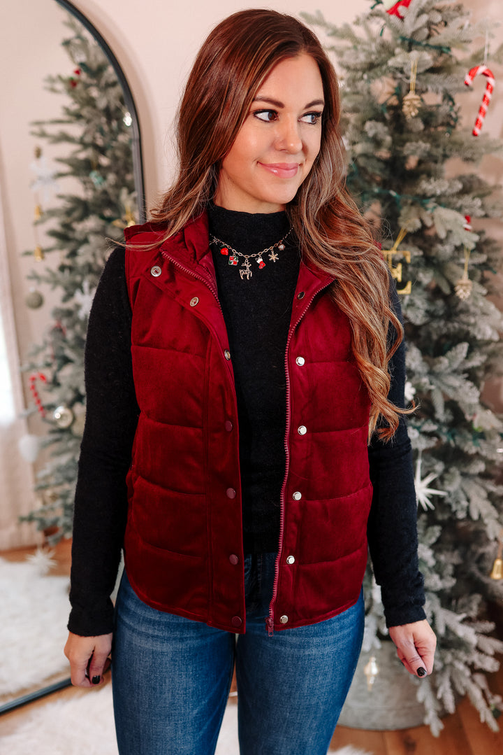 Lenora Velvet Puffer Vest - Wine