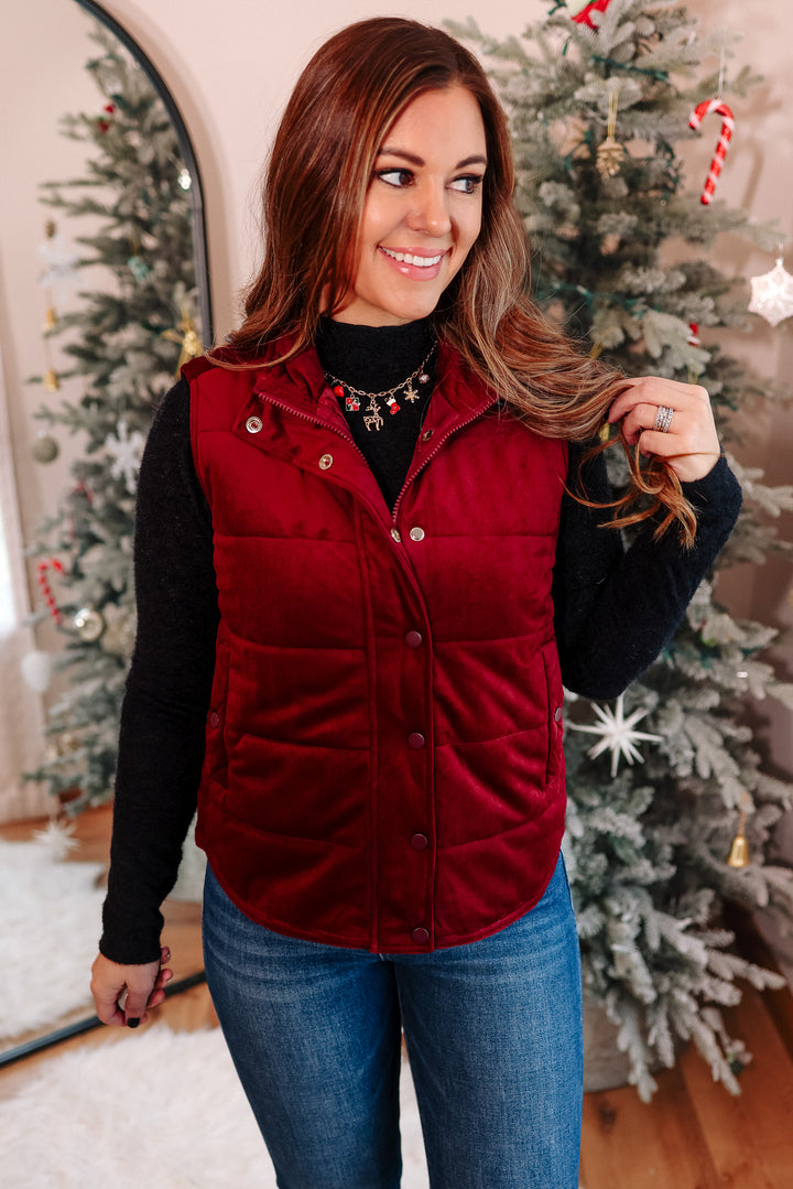 Lenora Velvet Puffer Vest - Wine