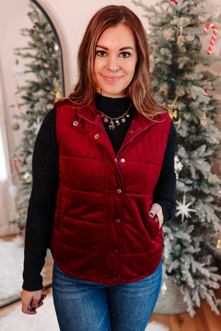 Lenora Velvet Puffer Vest - Wine