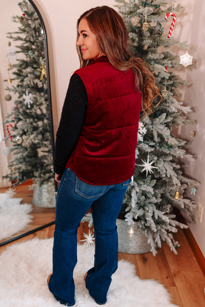Lenora Velvet Puffer Vest - Wine