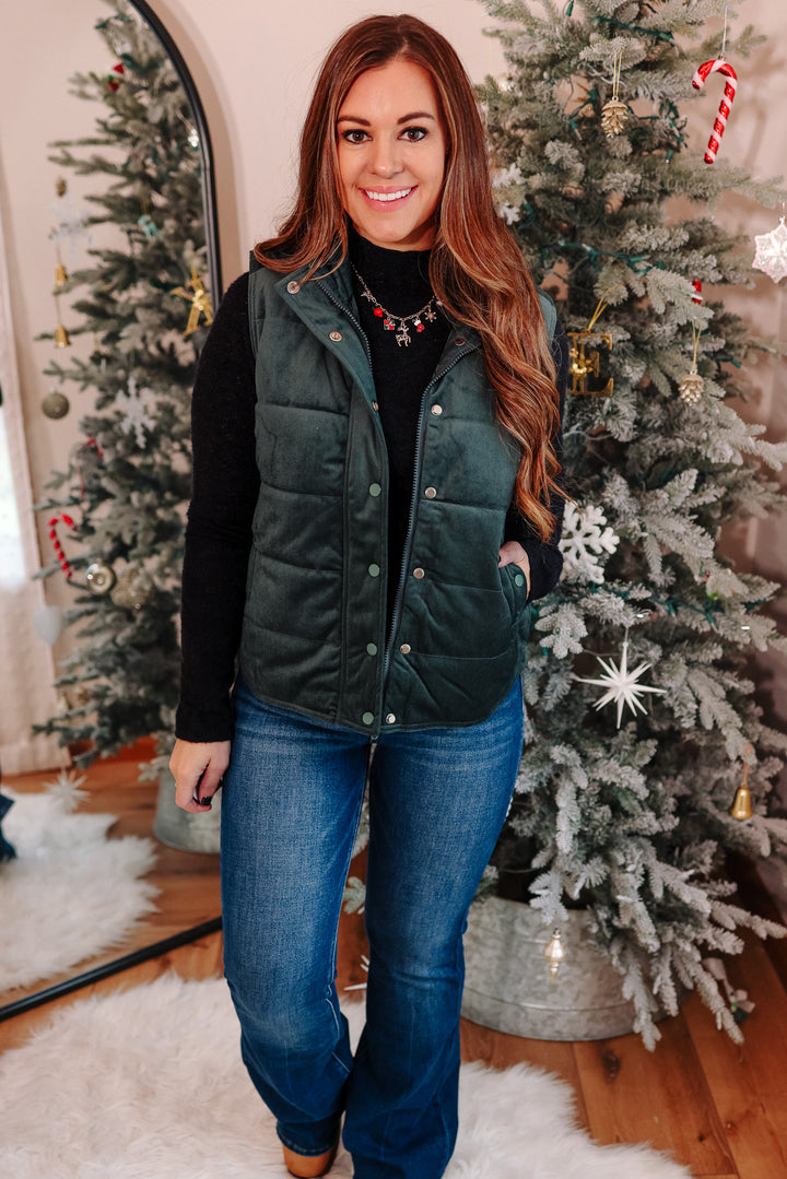 Lenora Velvet Puffer Vest - Dark Green