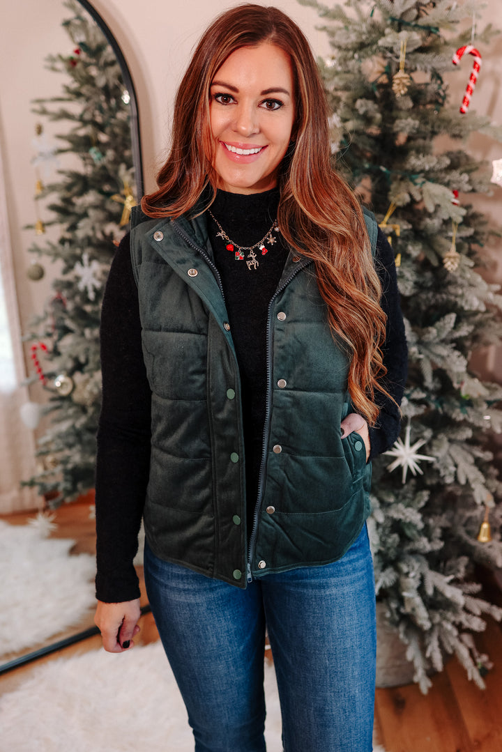 Lenora Velvet Puffer Vest - Dark Green
