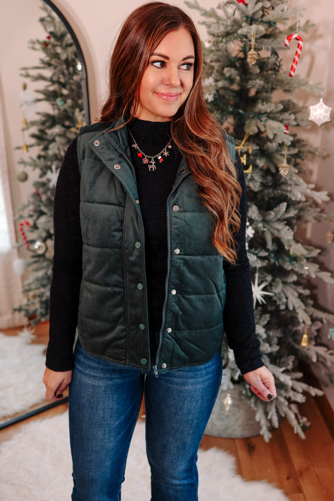 Lenora Velvet Puffer Vest - Dark Green