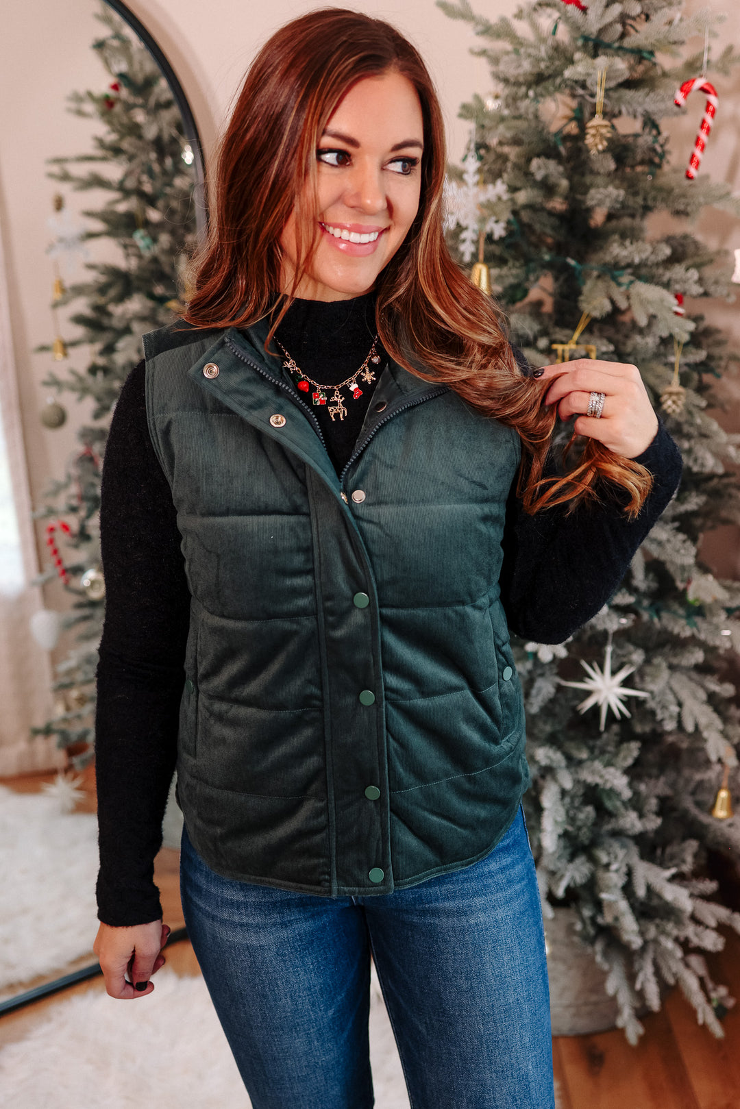 Lenora Velvet Puffer Vest - Dark Green