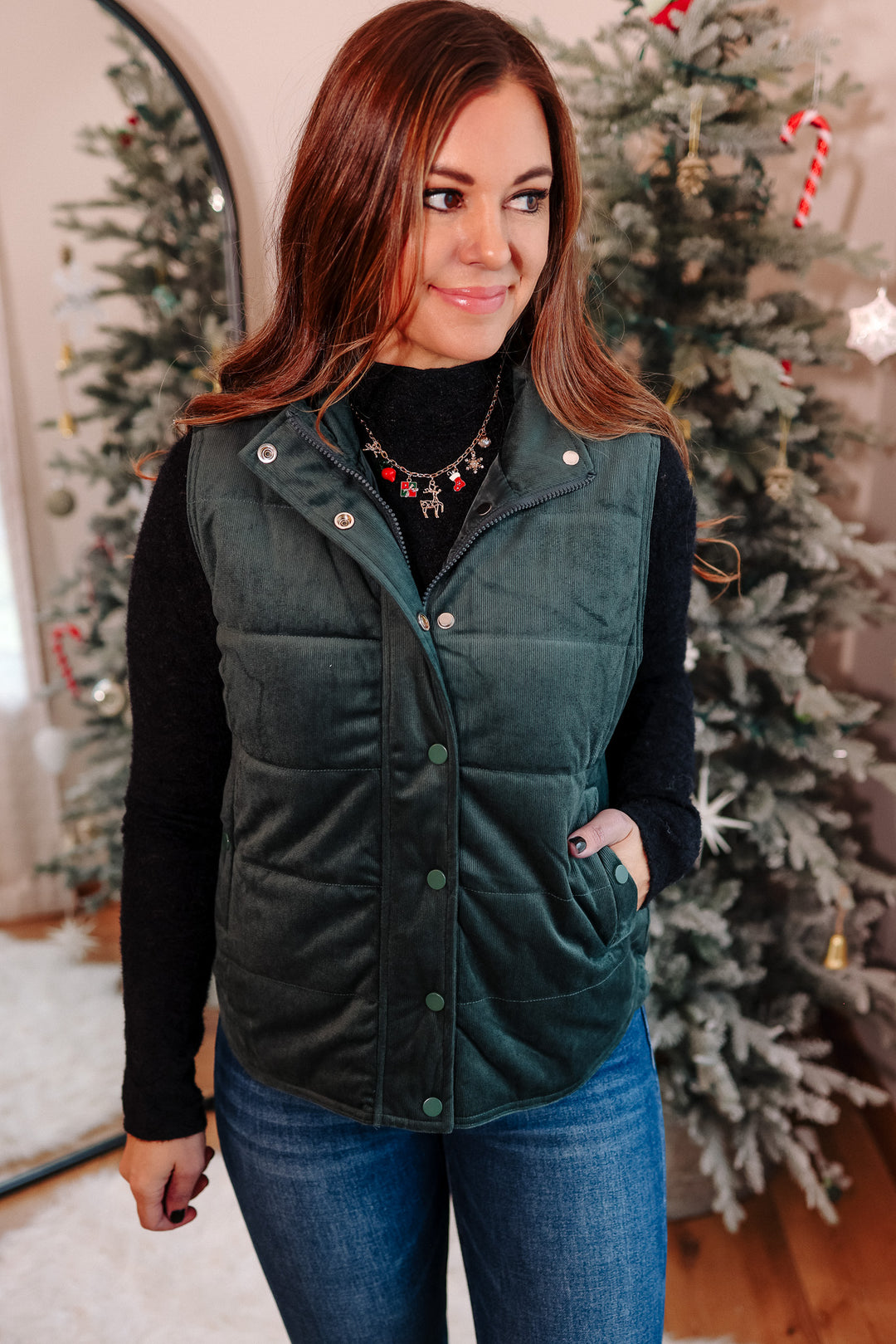 Lenora Velvet Puffer Vest - Dark Green