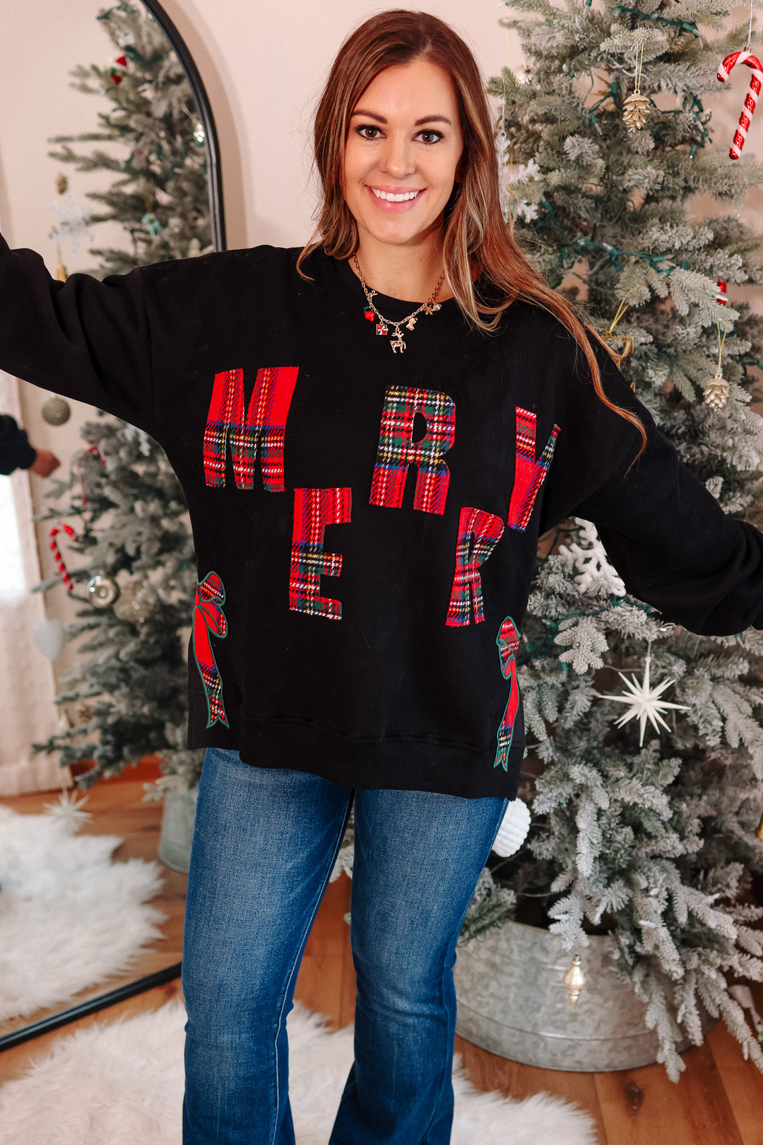 Merry Plaid and Side Bow Sweatshirt - Black