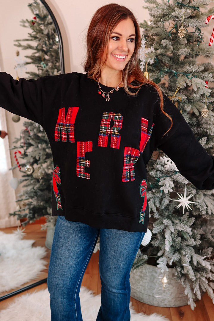 Merry Plaid and Side Bow Sweatshirt - Black