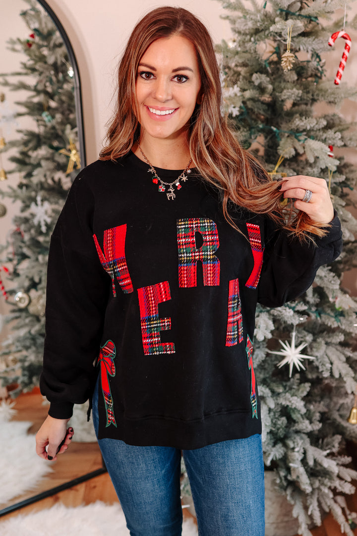 Merry Plaid and Side Bow Sweatshirt - Black