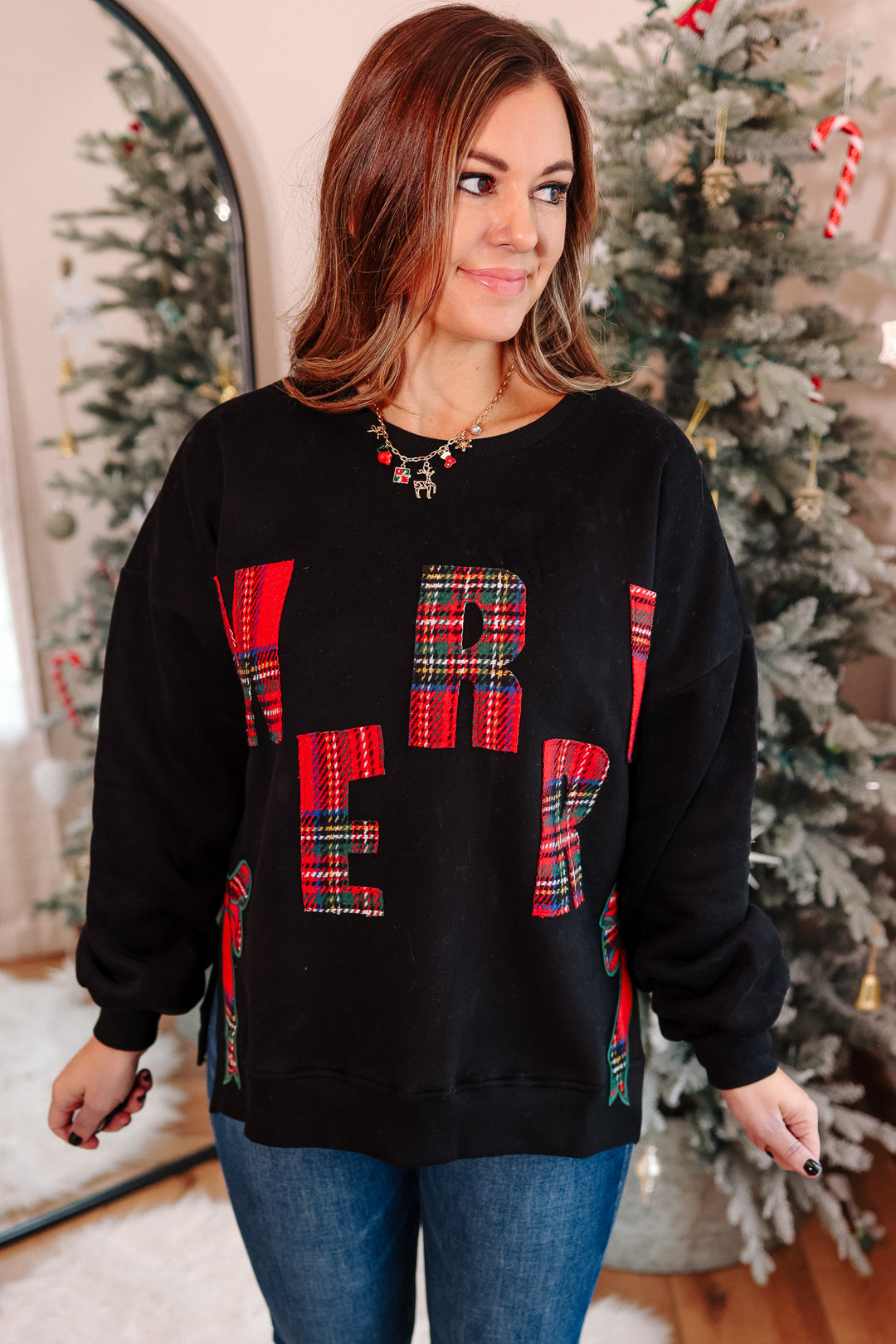 Merry Plaid and Side Bow Sweatshirt - Black