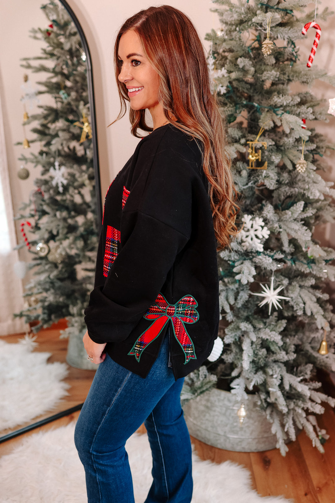 Merry Plaid and Side Bow Sweatshirt - Black