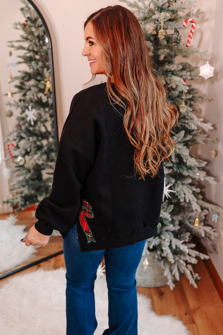 Merry Plaid and Side Bow Sweatshirt - Black