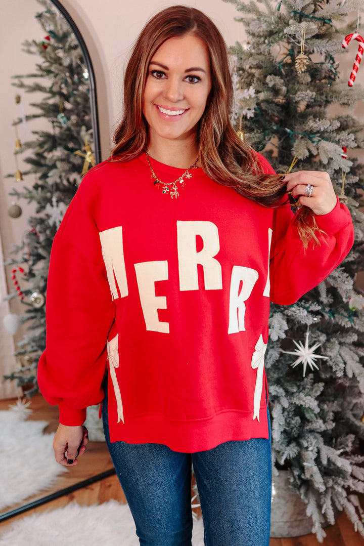 Bows and Merry Patched Sweatshirt - Red